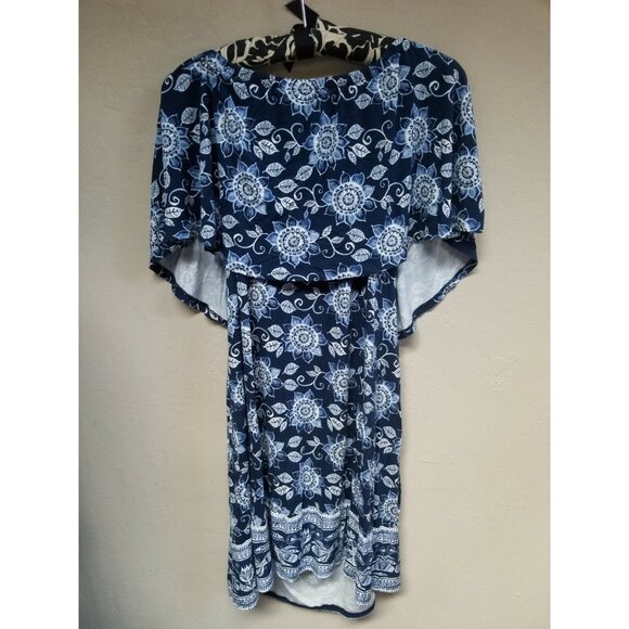 J. Jill Womens Bertha Collar Shift Dress Medium Stretchy Neckline Floral Blue - Picture 2 of 7